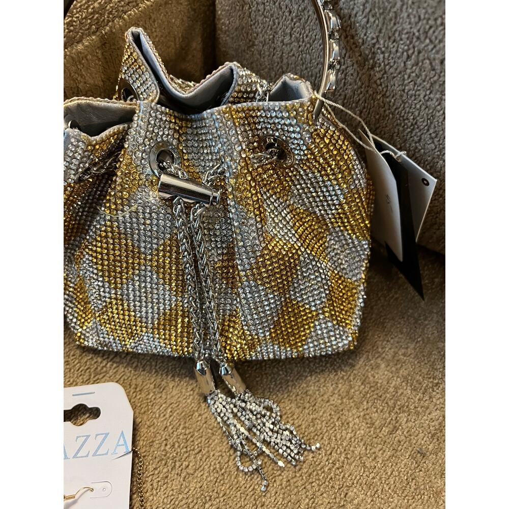 Checkered Rhinestone Covered Small Bucket Handbag NWT